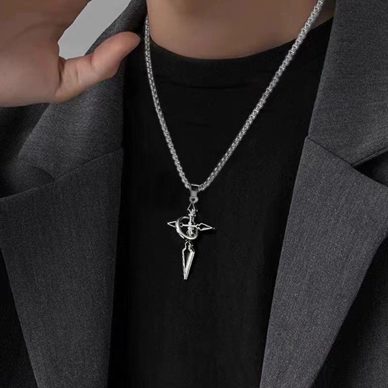 Black cross titanium steel necklace, men's fashion sweater chain, niche design, high-end feel, men's daily party accessories